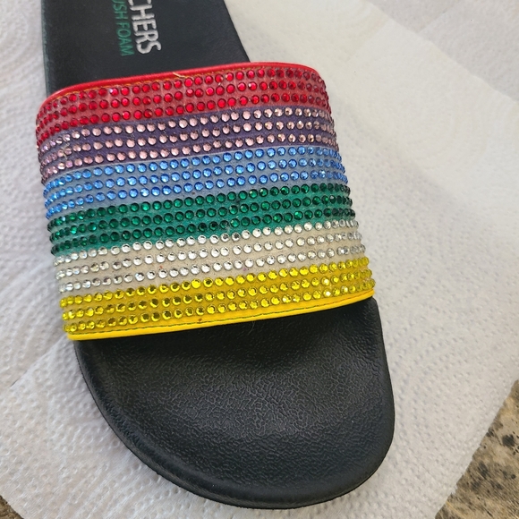 Skechers Rainbow Slip On Sandals Slides Faux Rhinestone  Plush Foam footbed - Picture 5 of 11